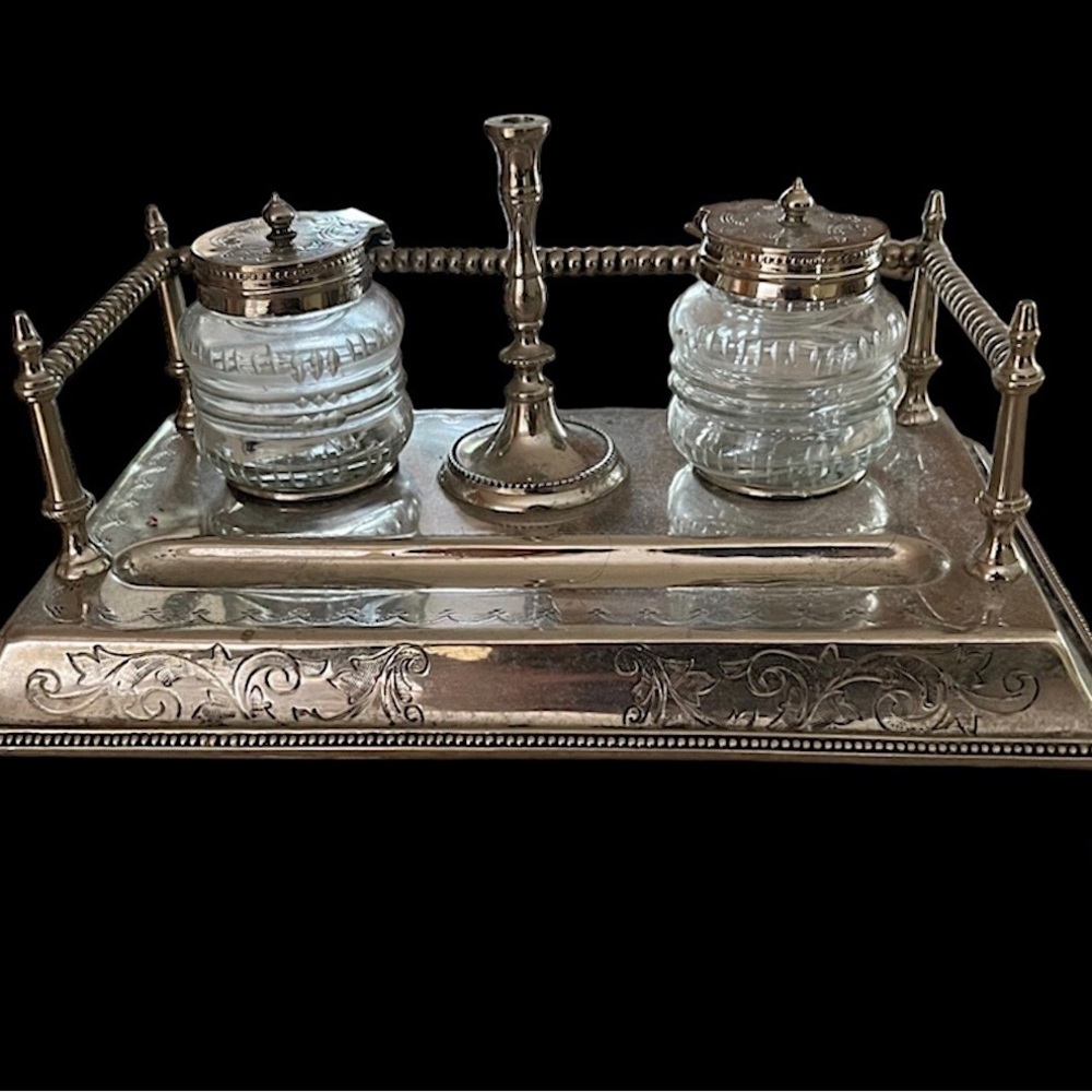 Crystal Inkwells Silver Tray